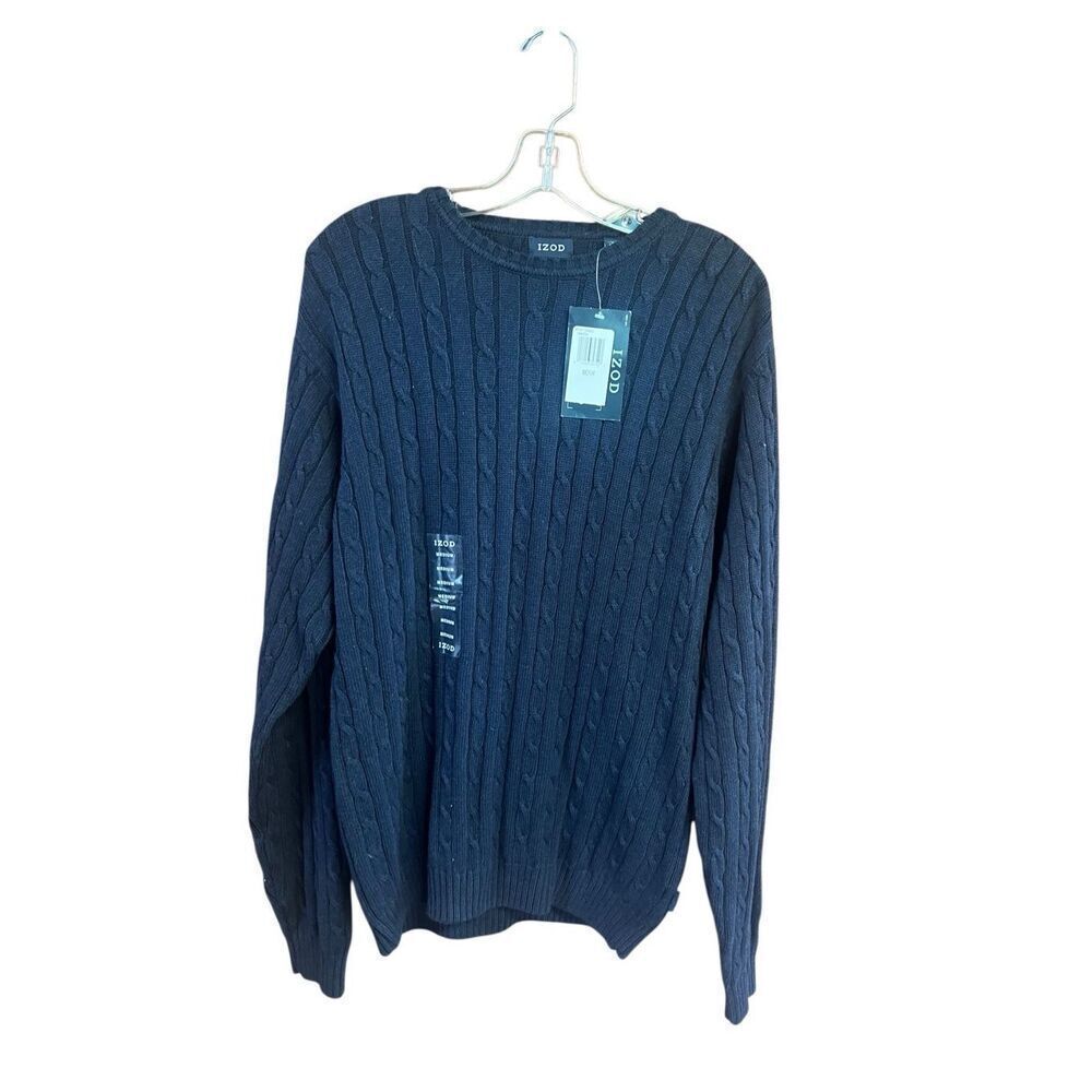 Izod Mens Cable Knit Cotton Sweater Navy Sz M NWT
